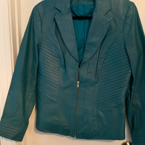 Shape Fx Leather Teal Blazer Jacket  Front Zipper. Design on Front, Sleeves - Picture 5 of 11